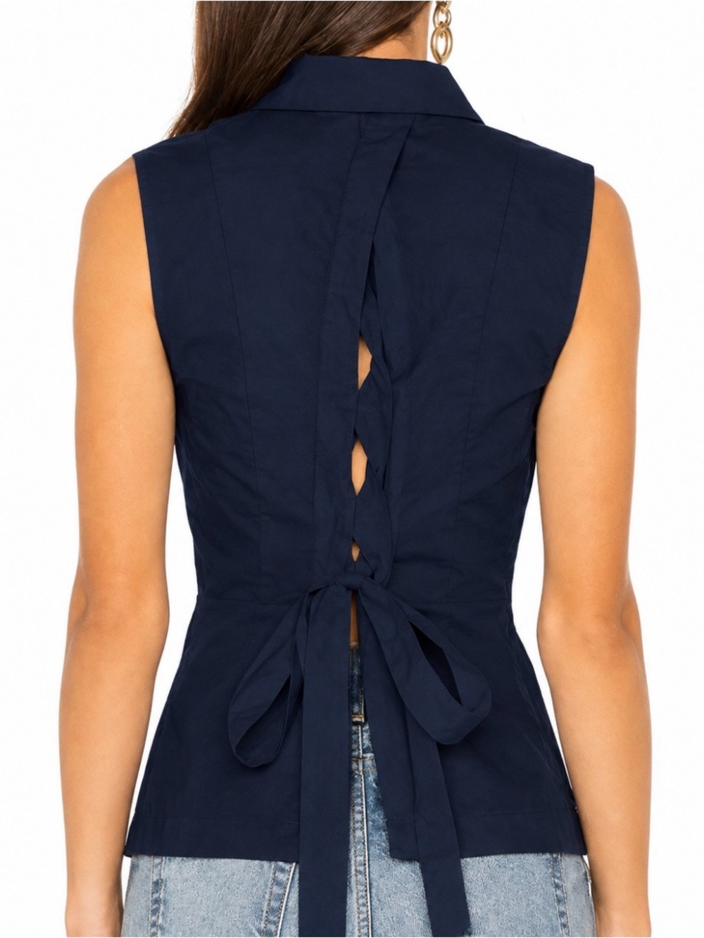 Derek Lam 10 Crosby Women's Lace-Up Corset Back Bow Top Navy Cotton Size 6